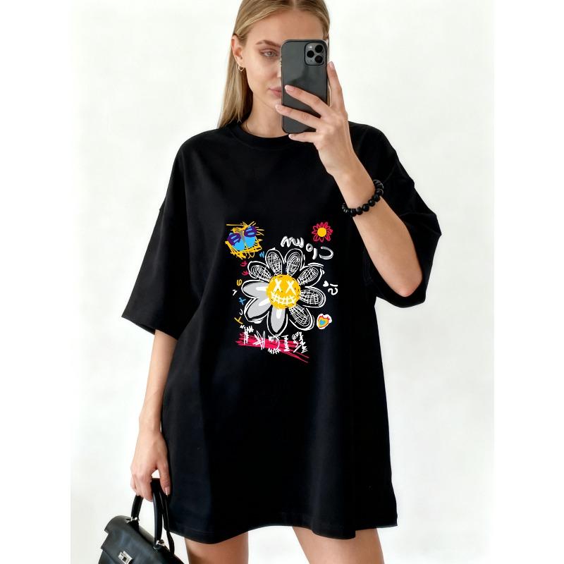Oversized T Shirt Dress Black Flower And Smiley Face Print With Japanese Text And Colorful Details Casual Streetwear Style For Women
