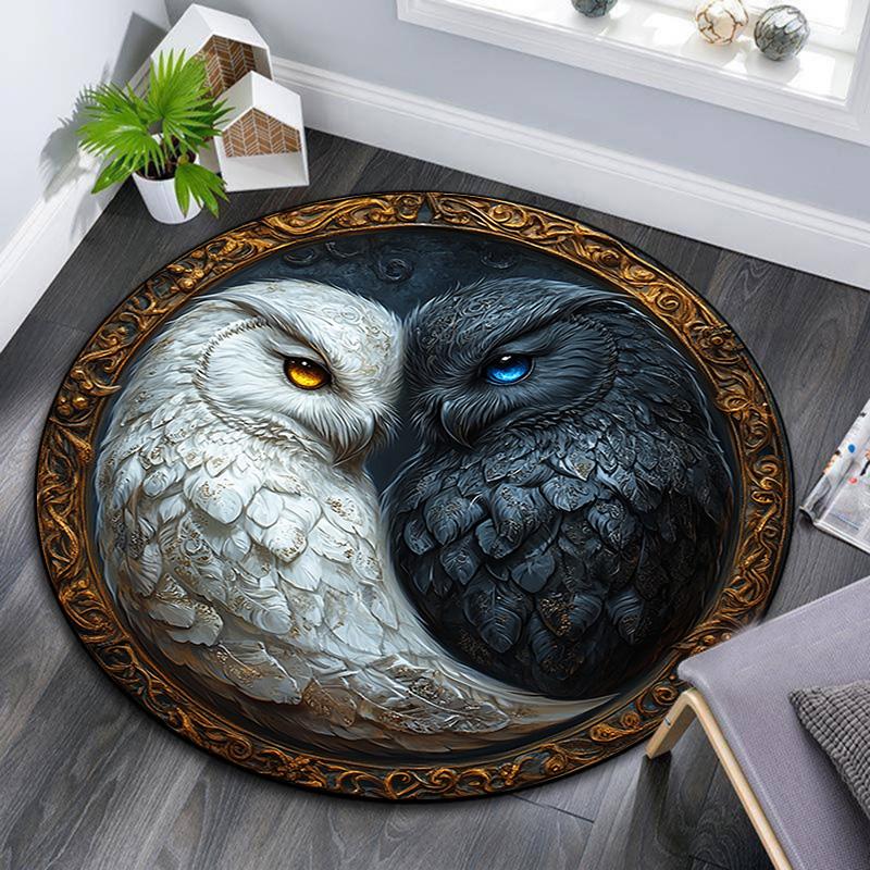 Yin Yang Owl Round Area Rug,Carpet Rug for Living Room Bedroom Sofa Playroom Decor,Non-slip Floor Mat