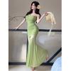 Spice Girl Pure Desire Mesh Splicing Suspender Dress New Waist Thin Pleated Temperament Fishtail Long Dress Female Summer