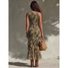 New European and American tropical printing V-neck waist split dress women's sleeveless slim dress holiday style