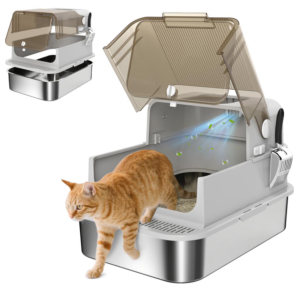 XXL Stainless Steel Cat Litter Tray, Enclosed Cat Litter Box with 90 degrees Flip Cover, Double Doors, Scoop, Easy Clean, Grey