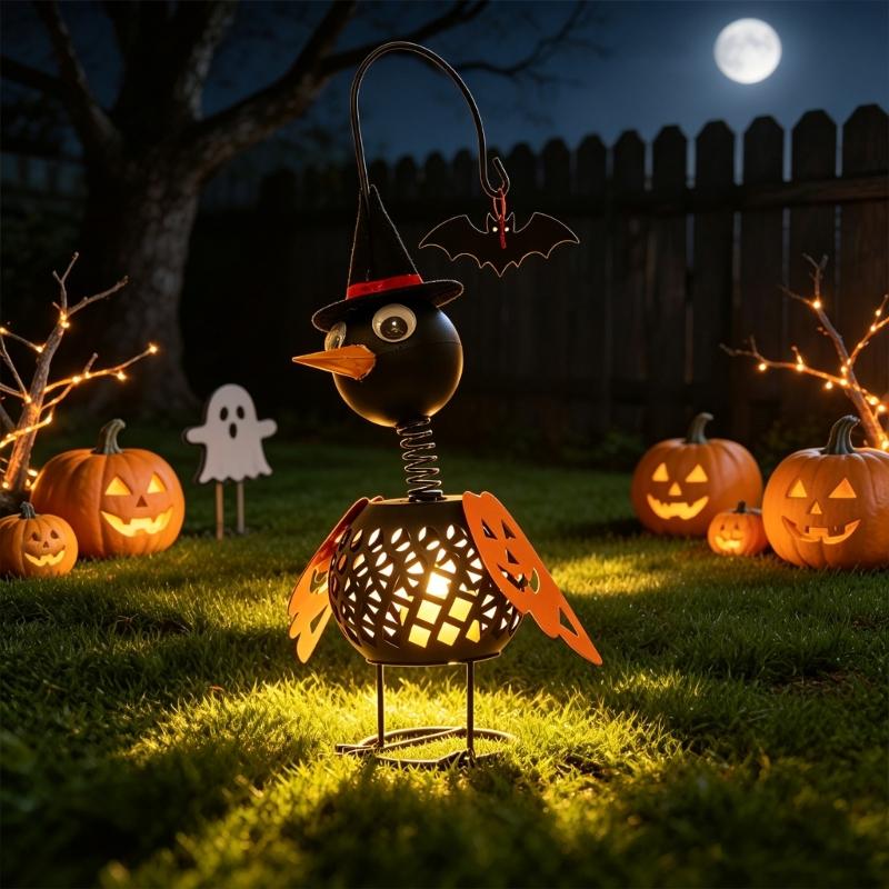 Iron Crow Halloween Decors Metal Lantern Tealight Candle Holder Figurine Witch Hat Pumpkin Wing Bat Accent