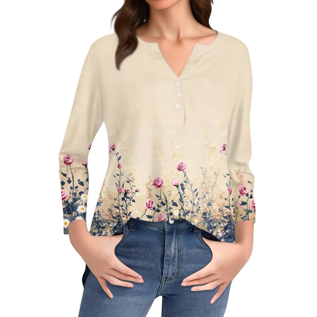 Women's T Shirt Print Button 3/4 Sleeve Daily Weekend Fashion Basic V- Neck Regular Top