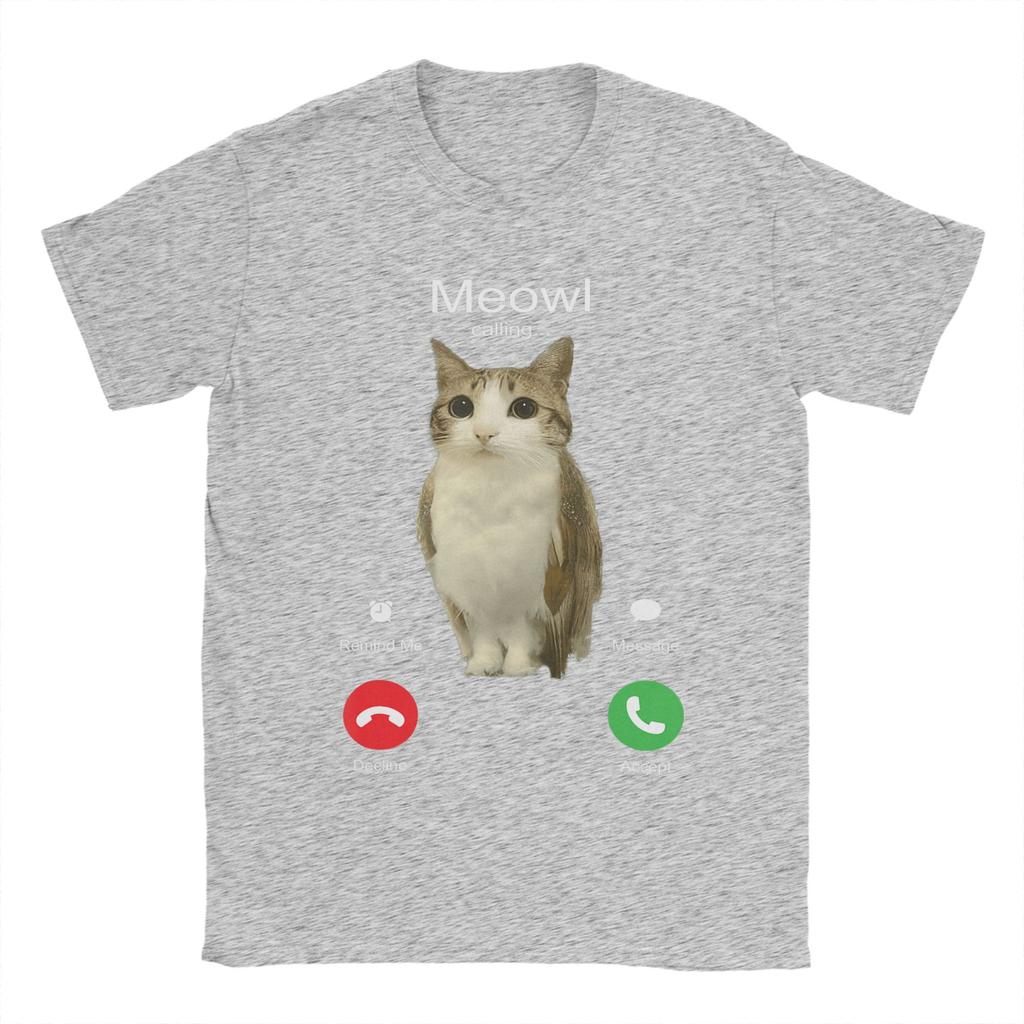 Men TShirt Meowl Is Calling Phone Call Meme Brainrot Funny Cat Owl Cotton Tees Short Sleeve T Shirts Round Neck Clothing