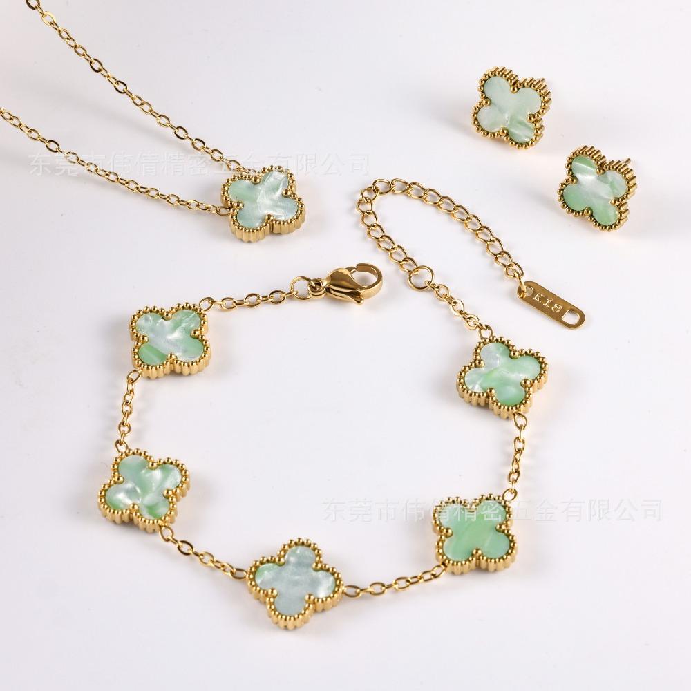 Women's and Girls' Four-leaf Clover Three-piece Set Colorfast Necklace Bracelet Earrings Jewelry