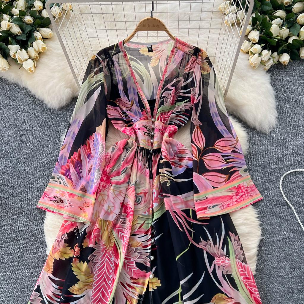 Spring Summer Bohemain Long Dress Women's V-Neck Flare Sleeve Floral Print Single Breasted High Waist A-Line Chiffon Vestidos