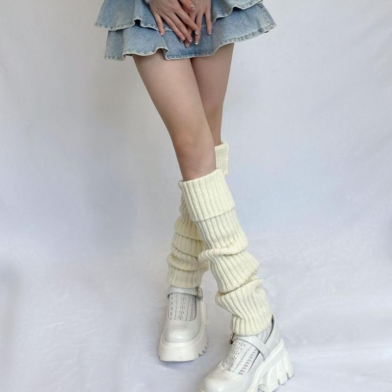 Dames Winter Herfst Dik Geribbelde Gebreide Beenwarmers Harajuku Effen Kleur Japanse Stijl Voetbedekking Dij Hoge Sokken