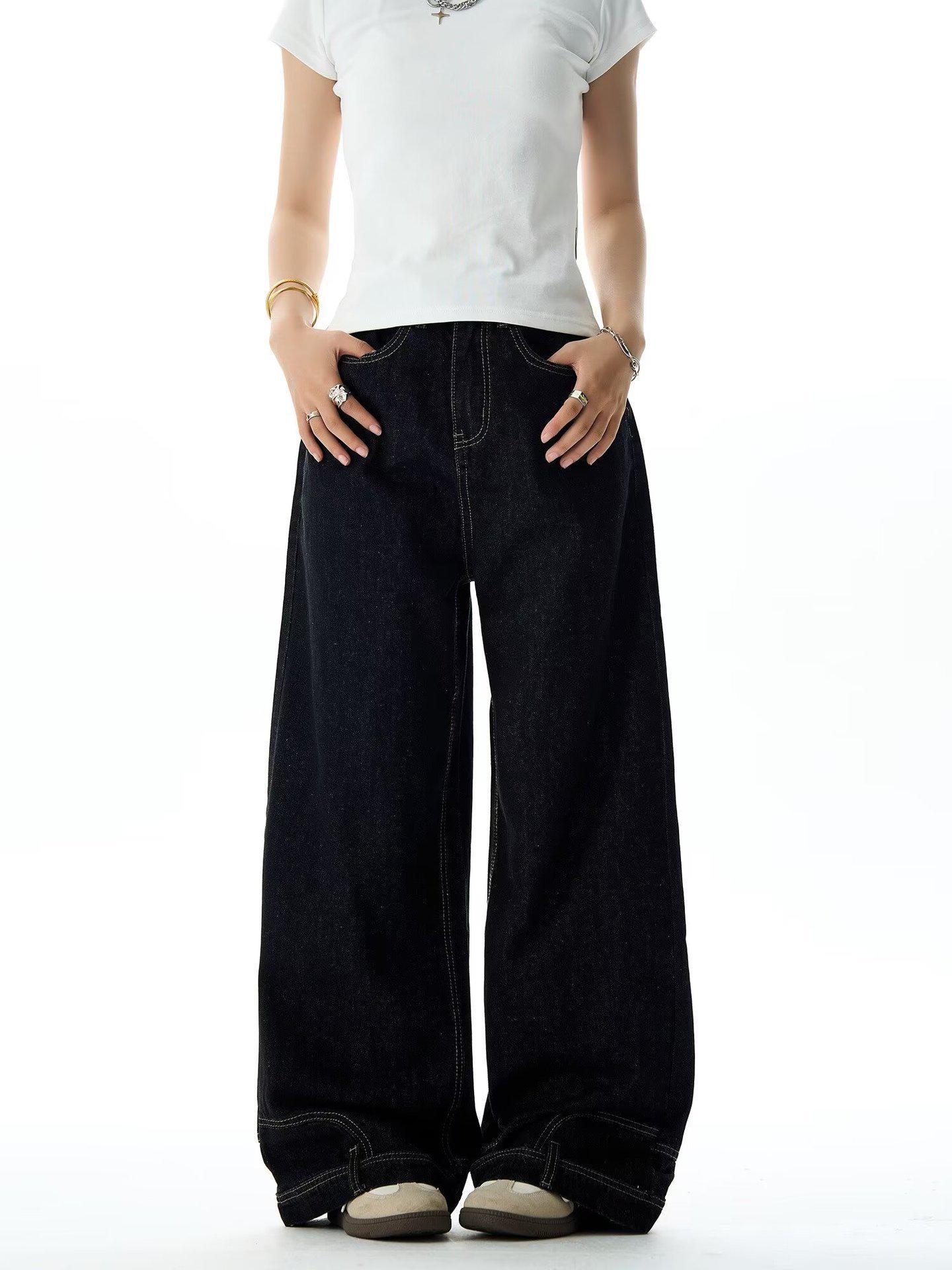 

Джинсы широкого кроя для девочек - лето 2024 г.: Свободные, потертые, состаренные прямые брюки M чёрный