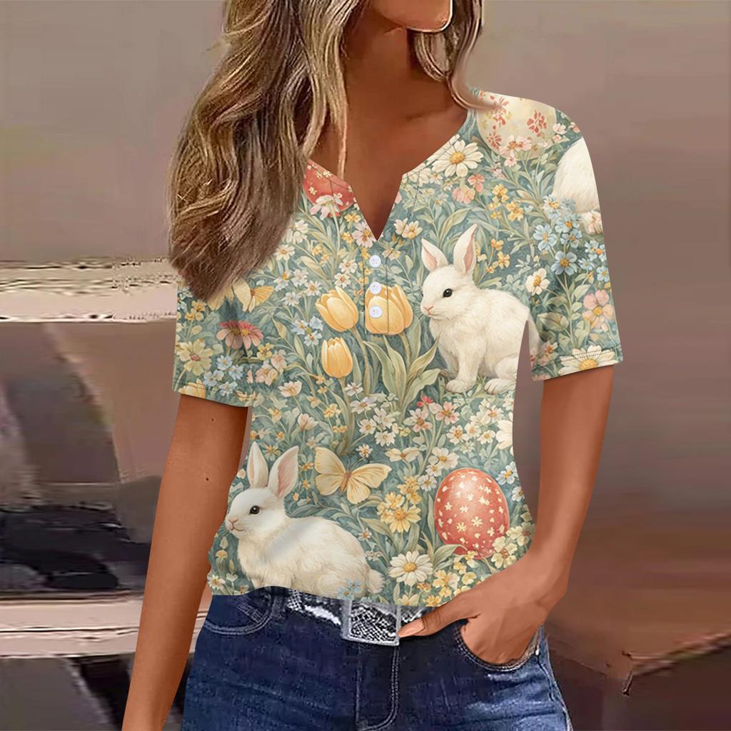 Tricou damă, tricou cu imprimeu, nasturi, mânecă scurtă, tunică, modă zilnică de weekend, top simplu cu decolteu în V, stil regulat