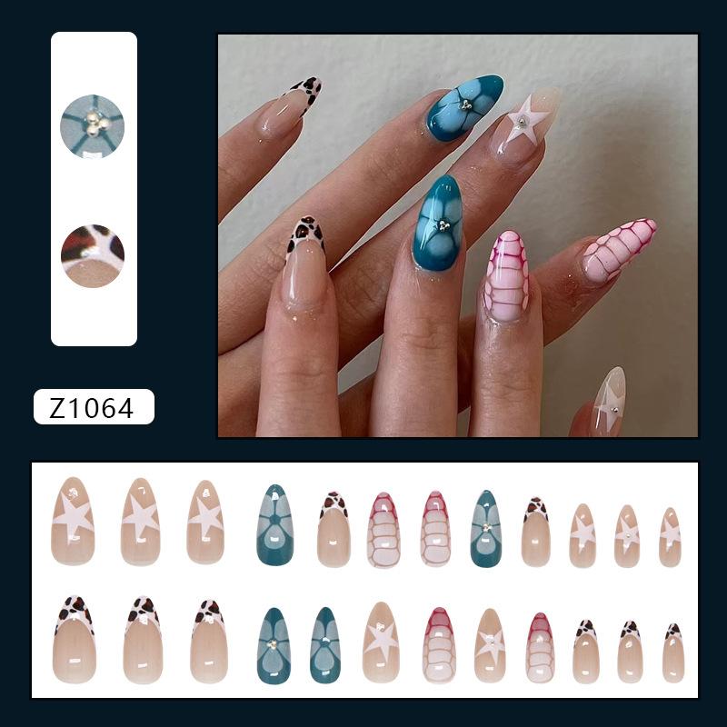 

Леопардовый принт французский цветок-звезда ворс бриллиантово-белый милый универсальный съемный маникюр 24 штуки