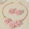 Ensemble de 3 pièces Mode Rétro Denim Rose Collier Ensemble, Boucles d'Oreilles Fleur Trois Dimensions Multi-couches
