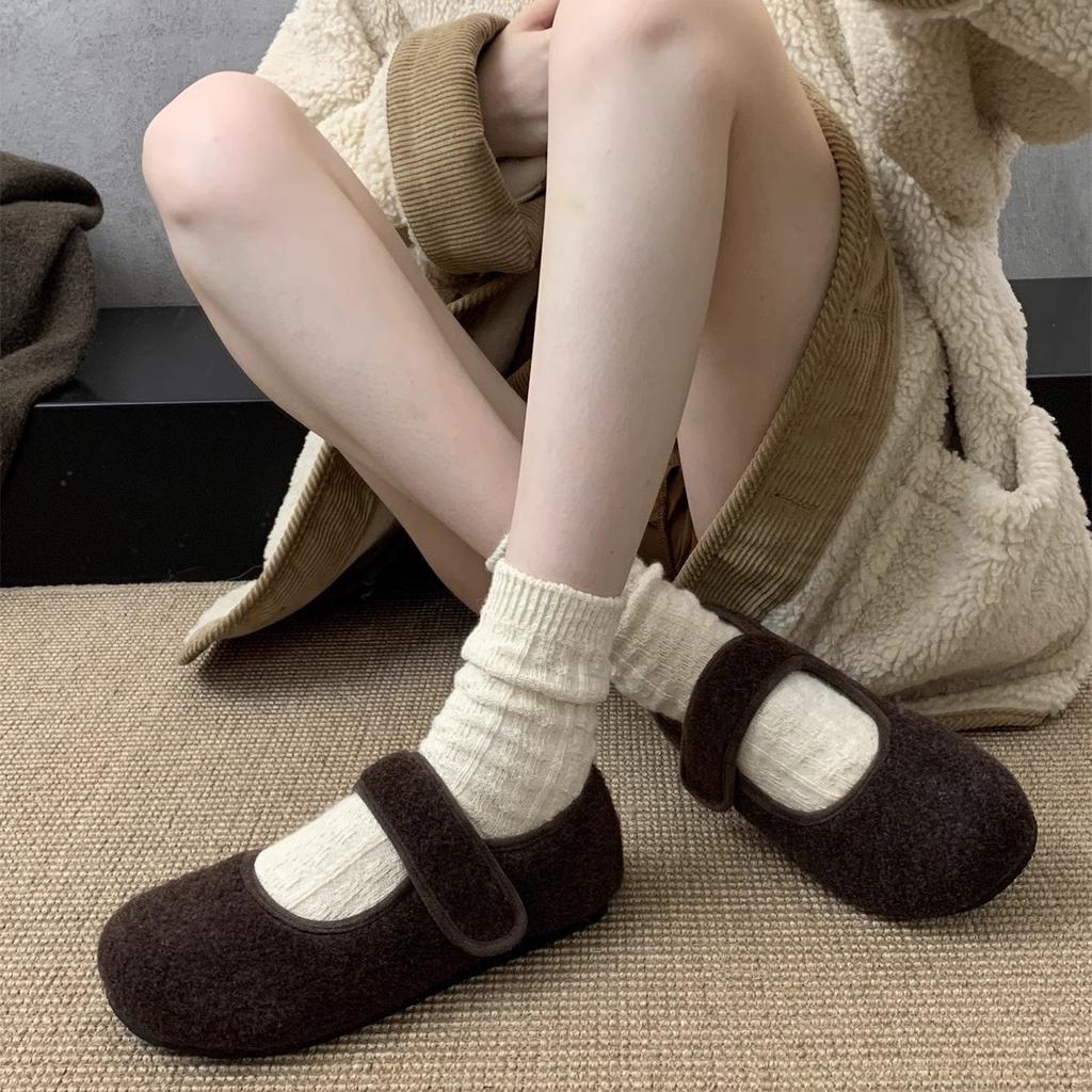 Korean Velcro Mao Mao Shoes Women Wear New Velvet Single Shoes Warm Cotton Shoes Flat Mary Jane Doudou Shoes In Winter