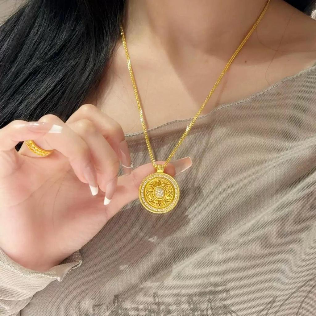 Antique Gilded Brass Compass Necklace with Inlaid Diamond, Eight Treasures Pendant, and Lucky Clavicle Chain for Women.