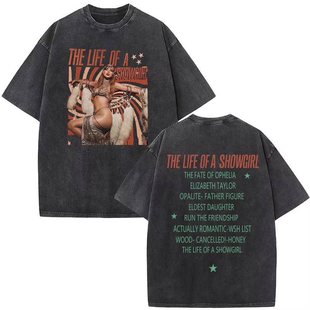The Life of A Showgirl Album Merch Tshirts Fan Gifts Mens Women Clothing Vintage Washed Cotton Oversized Short Sleeve T Shirts M