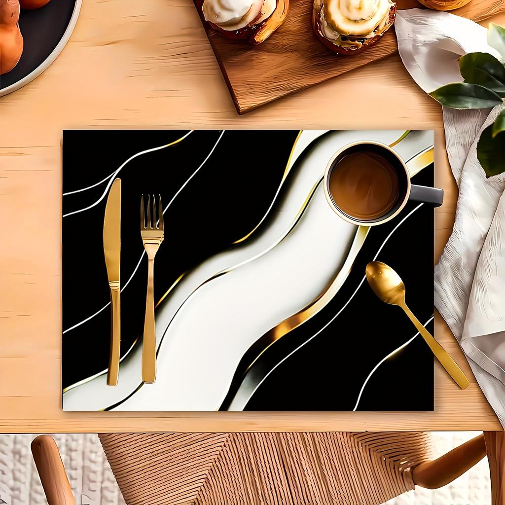 De 4 Elegantes Salvamanteles con Diseño de Mármol Blanco y Negro - Hechos de Poliéster, Forma Rectangular, Lavables, Adecuados para Comedor, Cocina