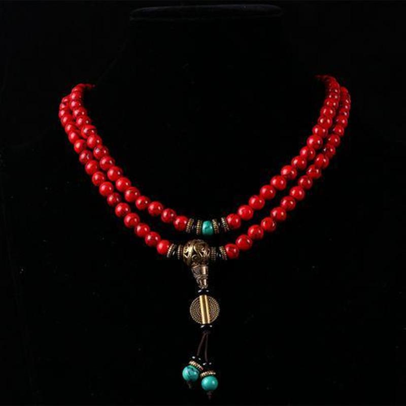 Original 108 Beads Ethnic Turquoise & Red Buddhist Mala Bracelet for Women
