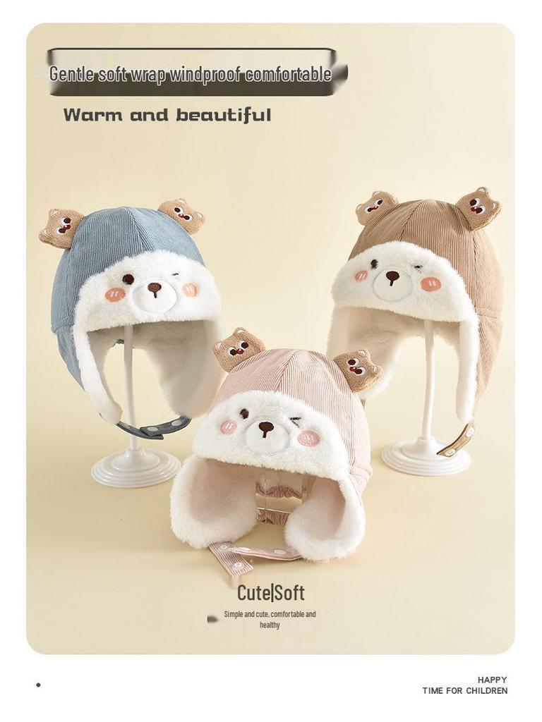 Children's Cute Cartoon Lei Feng Hat - Windproof, Thick Plush, Warm Ear Protection for Autumn and Winter Outdoor Wear.