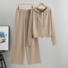 Conjunto de Calças de Perna Larga e Cardigã de Malha com Capuz - Moda Europeia Feminina Casual Outono/Inverno com Detalhes em Strass