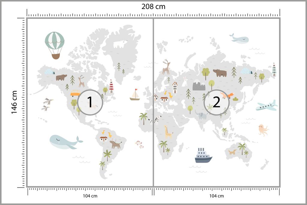 Photomural World Map With Cute Animals In Cartoon Style. Map For Nursery, Kids Room With Nature, Animals, Transports. Skandi Washable Fleece 208x146