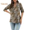 Women Shirt V-neck 3/4 Roll-Up Sleeves Lightweight Tops Flower Print Flowy Hem Tunic Tops Daily Wear