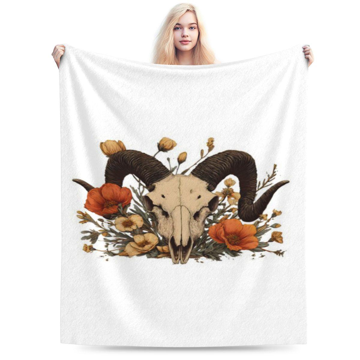 

Boho Ram Skull With Autumn Flowers Watercolor Art Custom Comfortable Decorate Home An UltraSoft Micro Fleece Blanket 75x100cm 30x40in