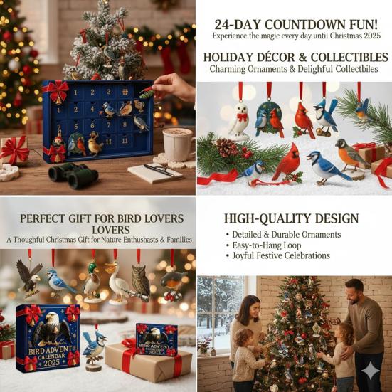 2025 Bird Advent Calendar 24 Days Realistic Acrylic Bird Ornaments Christmas Countdown Decor Gift for Bird Watchers & Nature Lovers