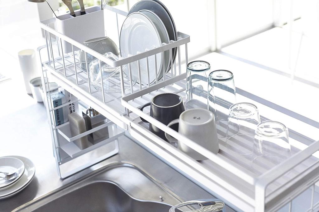 Yamazaki Tower Ausziehbarer Abtropfständer B x 23cm T x 10cm Flexibles Aufbewahrungsgestell für Werkzeug Einfaches Produkt 4364 Über-Spüle Korb, Klein, Weiß, ca. 42,5 cm H,