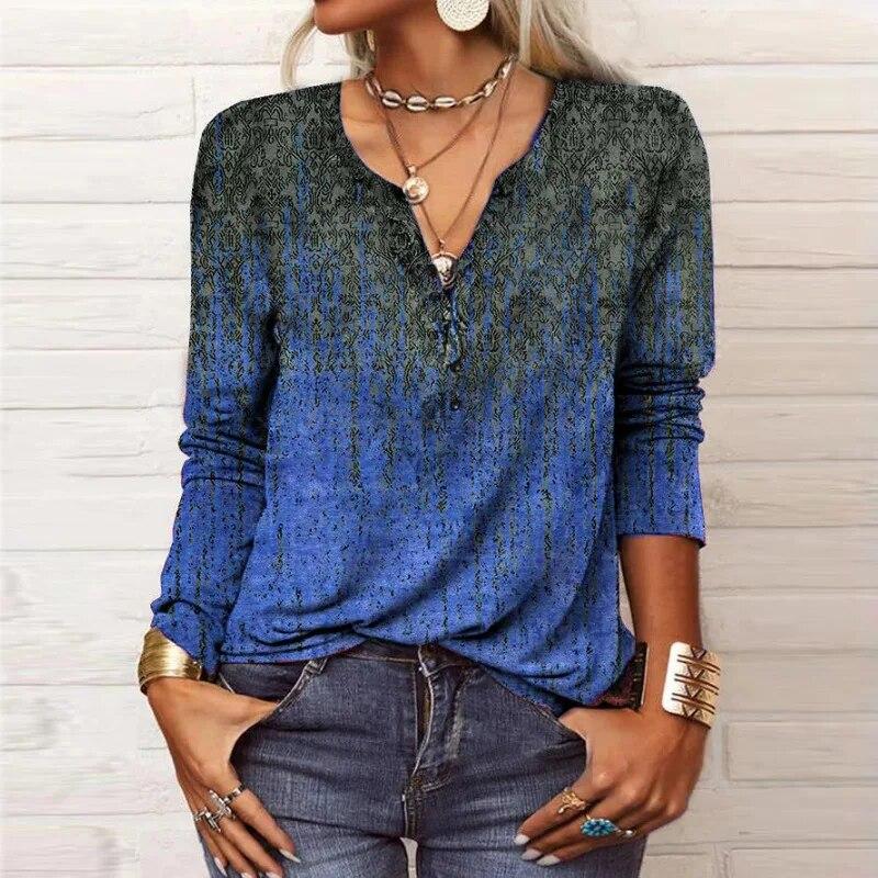 2024 Autumn/Winter Loose and Comfortable Mini Women's Long Sleeve Printed V-neck Fashion T-shirt Women Long Sleeve Top
