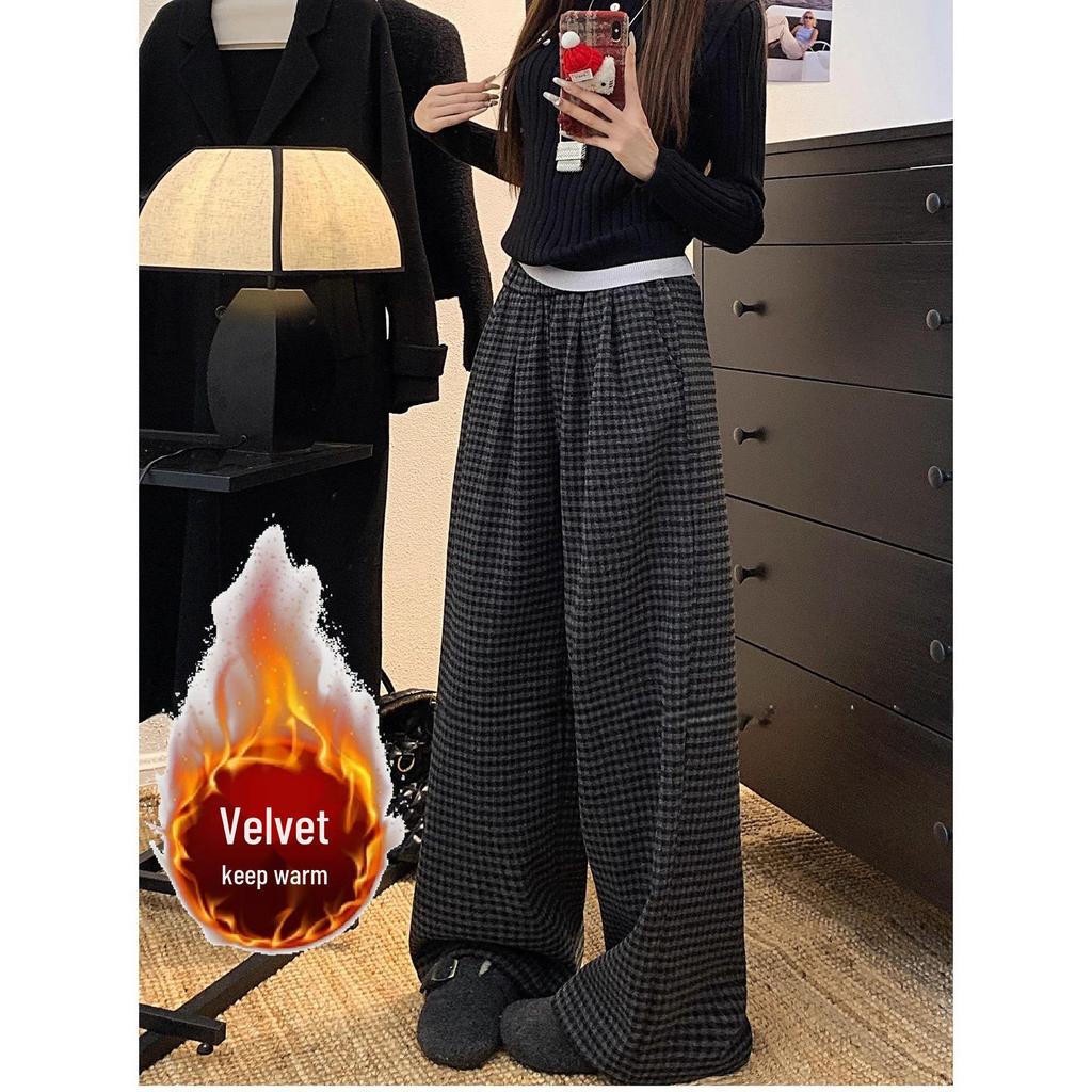 Two-Color Retro Plaid Velvet Fleece-Lined Wide-Leg Casual Pants