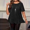 T Shirts For Women Pleated R-Neck Dressy Casual Blouses Printing Short Sleeve Summer Tops Loose Fit