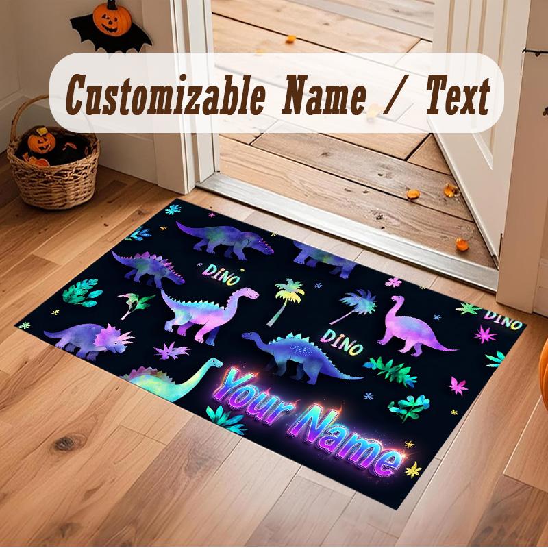 Dinosaur Theme Soft Crystal Velvet Rug Custom Name & Text Print Non Slip Floor Rug for Bedroom Living Room