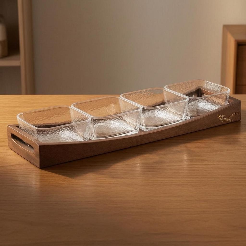 Wood Snack Tray with Glass Bowls Wooden Serving Dishes Appetizer
