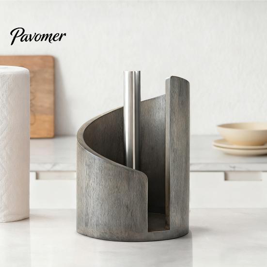 Handcrafted Wood Paper Towel Holder Mountain Countertop Dispenser with Base Metal One-handed Tear Spiral Design Rustic Roll for Kitchen And