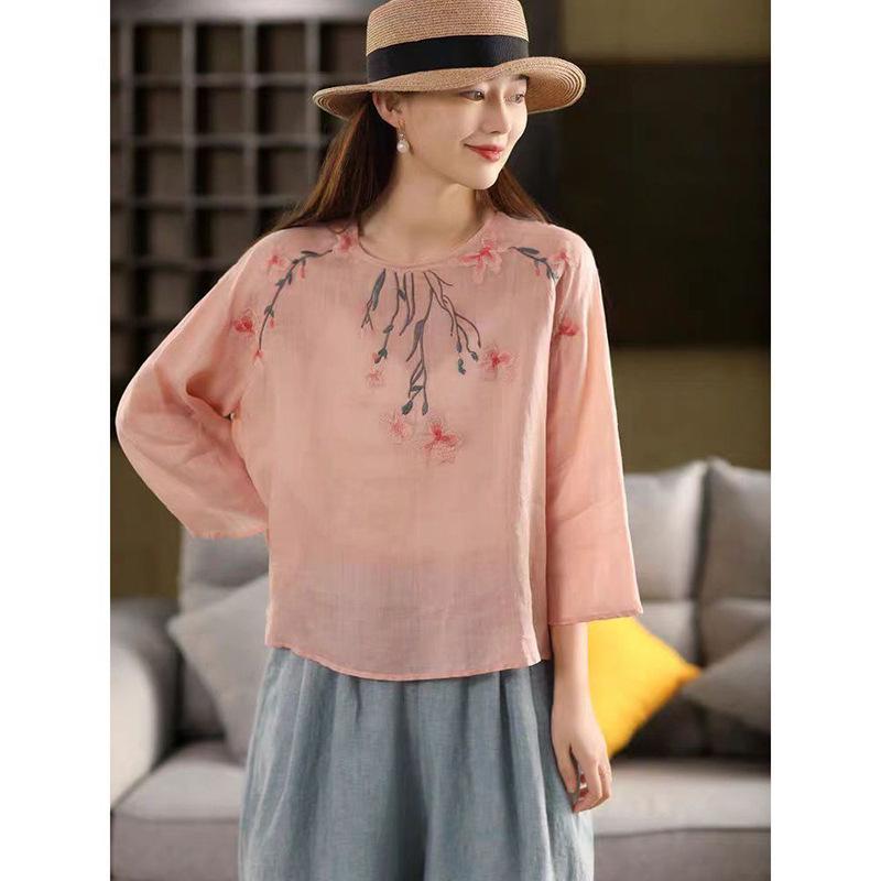 Summer new cotton and linen embroidered blouse long-sleeved women's light and thin loose casual large-size cotton and linen top