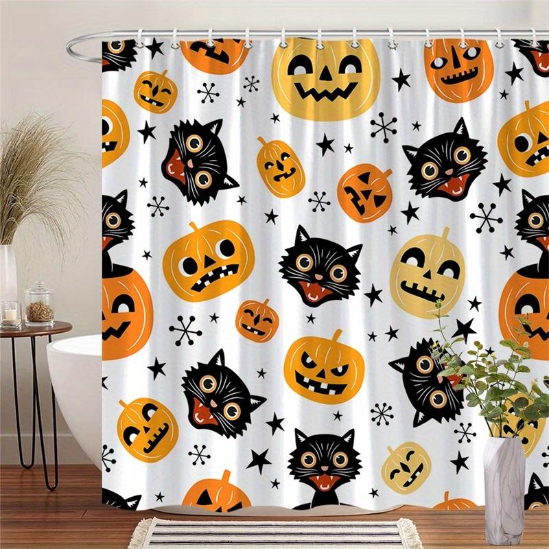 1 Halloween Pumpkin and Black Cat Shower Curtain - Cheerful Whimsical Cartoon Pattern with Hook, Polyester Fabric 90X180cm