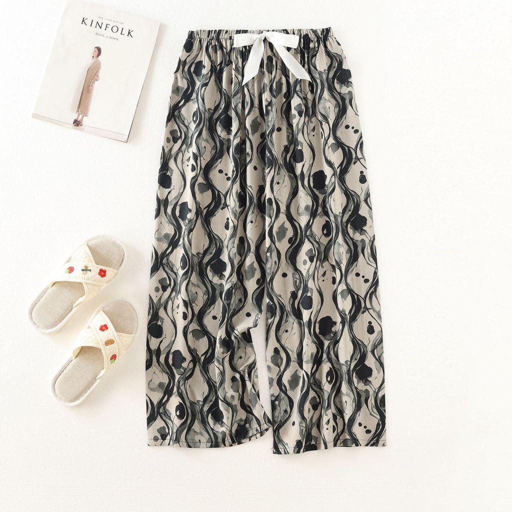 Women's Cotton-Silk Cartoon Pajama Pants, Summer Thin, Black & White Wide-Leg, Plus Size, Outdoor Beach Wear.