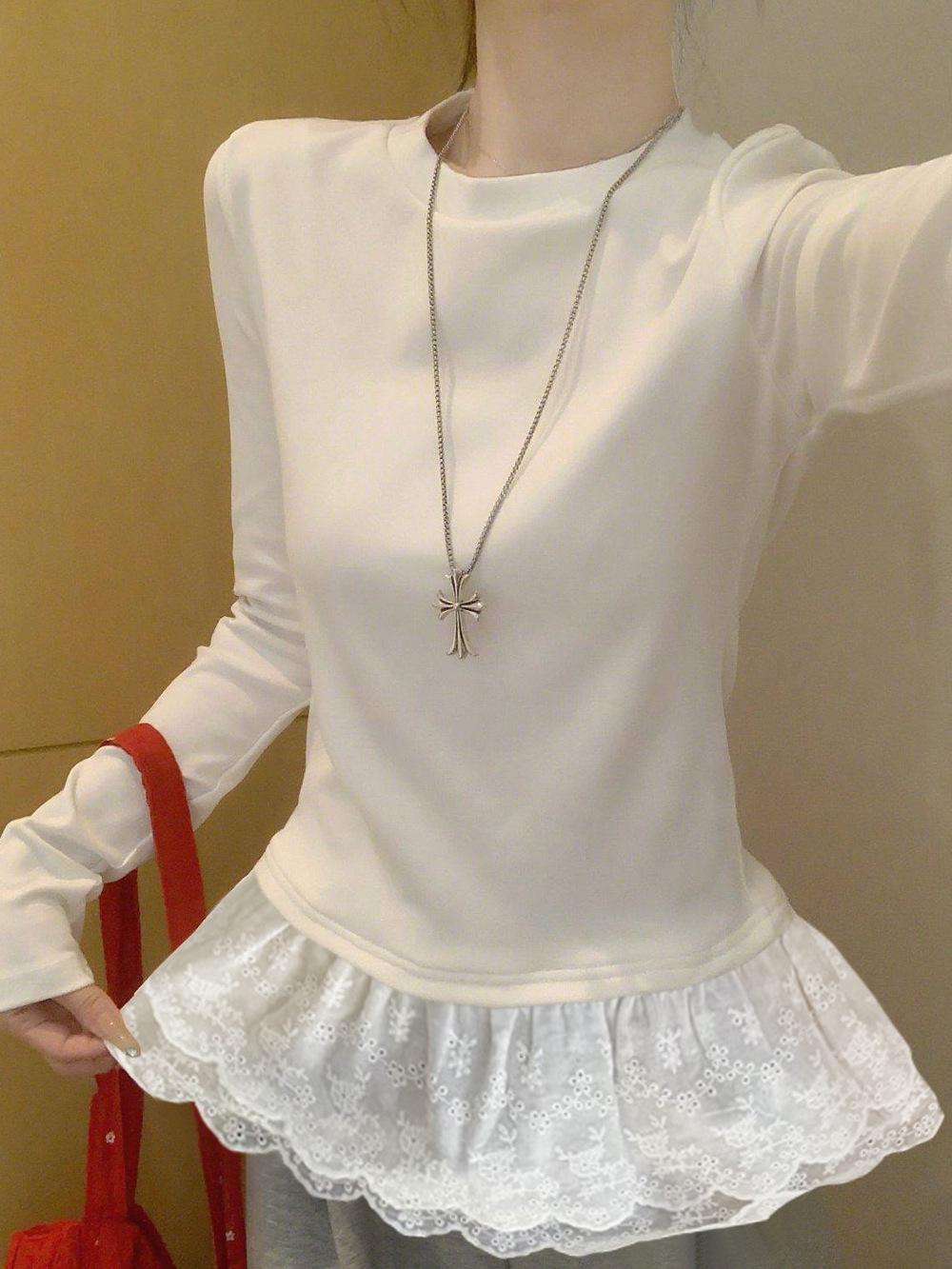 

Women’s White Lace Trim Long Sleeve Layering T-shirt - Autumn/Winter Korean Fashion. Small белый