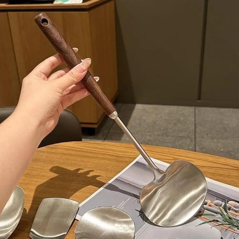 Edelstahl Wok Pfannenwender Holzgriff Kochspezifischer Kochlöffel Lange Pilzschaufel Küchenzubehör Wender Suppenlöffel