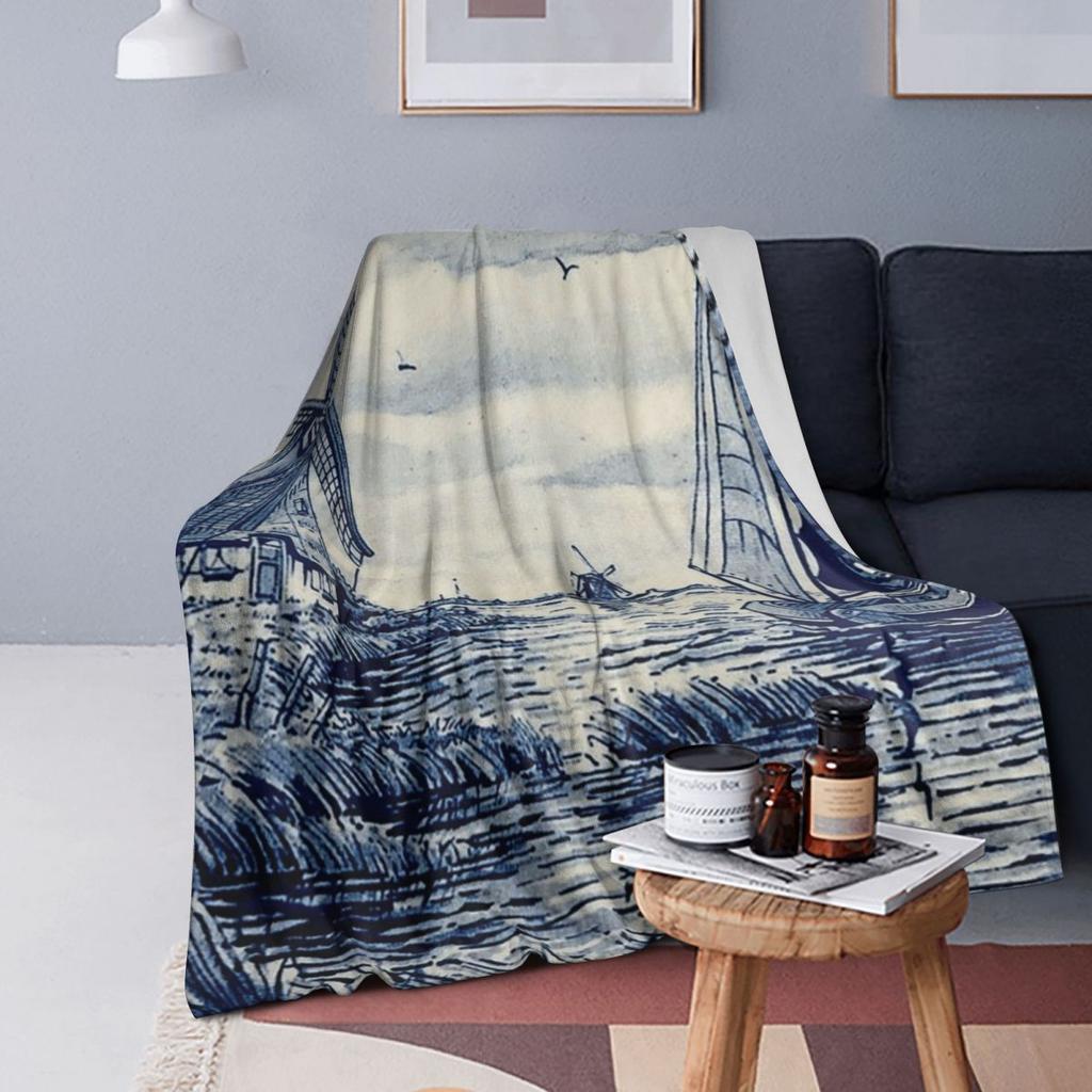 Dutch Blue Delft Vintage Windmill Blankets Soft Warm Flannel Throw Blanket Cover for Bed Living room Picnic Travel Home Couch