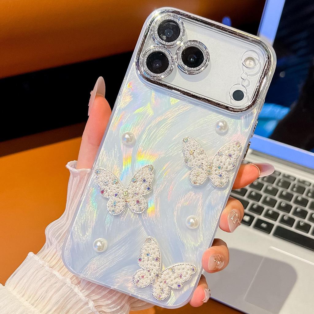 Compatible with Apple 17 Pro Max: Pearl Butterfly Drop-proof Shell Pattern iPhone 16 Double-sided Film IMD Case
