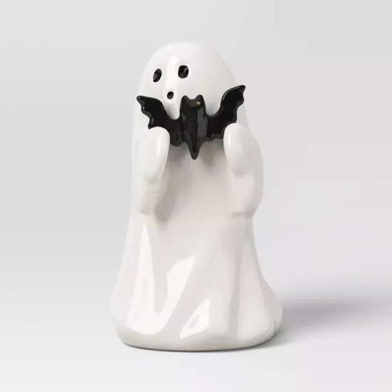 Halloween Ghost Figurine Cute Small Ghost Holding Bat/Pink Pumpkin Statue Resin Tabletop Ornament for Bookshelf Bedroom Home Decor