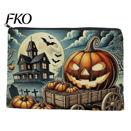 Halloween Storage Bag Bag, Large Capacity Cosmetic with Pumpkin Black Zipper Pouch Castle Skull Print, Smooth Thickened Canvas Toiletry Student School