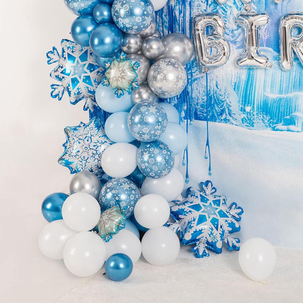 149Pcs Ice Snow Frozen Theme Balloon Garland Arch Kit Double Layered Balloons Metallic Blue Snowflake Balloons for Birthday Party Baby Shower Wedding