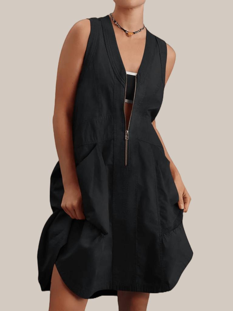 Womens Sleeveless Half Zip Tank Mini Dress Loose Fit Utility Pocket Dress