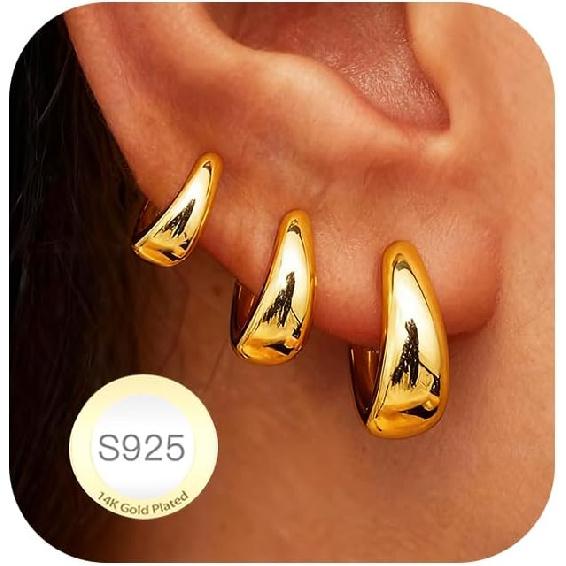 30 Paar klobige goldene Creolen für Damen, Multipack Schmuck für Geschenk | Mehrere Stile, zum Stapeln, leicht, 14K Gold-beschichtet, Hypoallergen,