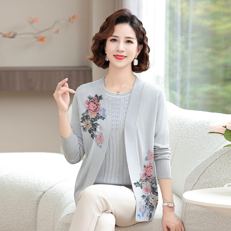 

Spring/Autumn Short-Sleeve Two-Piece Knit Cardigan Set for Middle-Aged Women - Stylish Printed Jacket L (80-100 lbs) фиолетовый