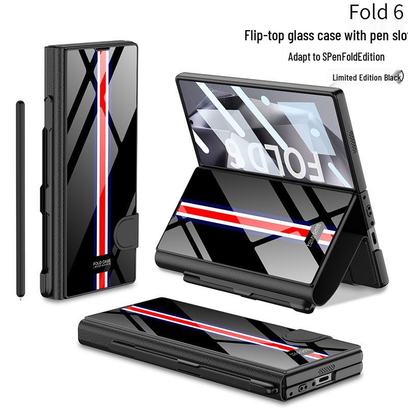 Samsung Z Fold 6 Leather Flip Case with Pen Slot and Glass Cover – Stylish and Business-Friendly.