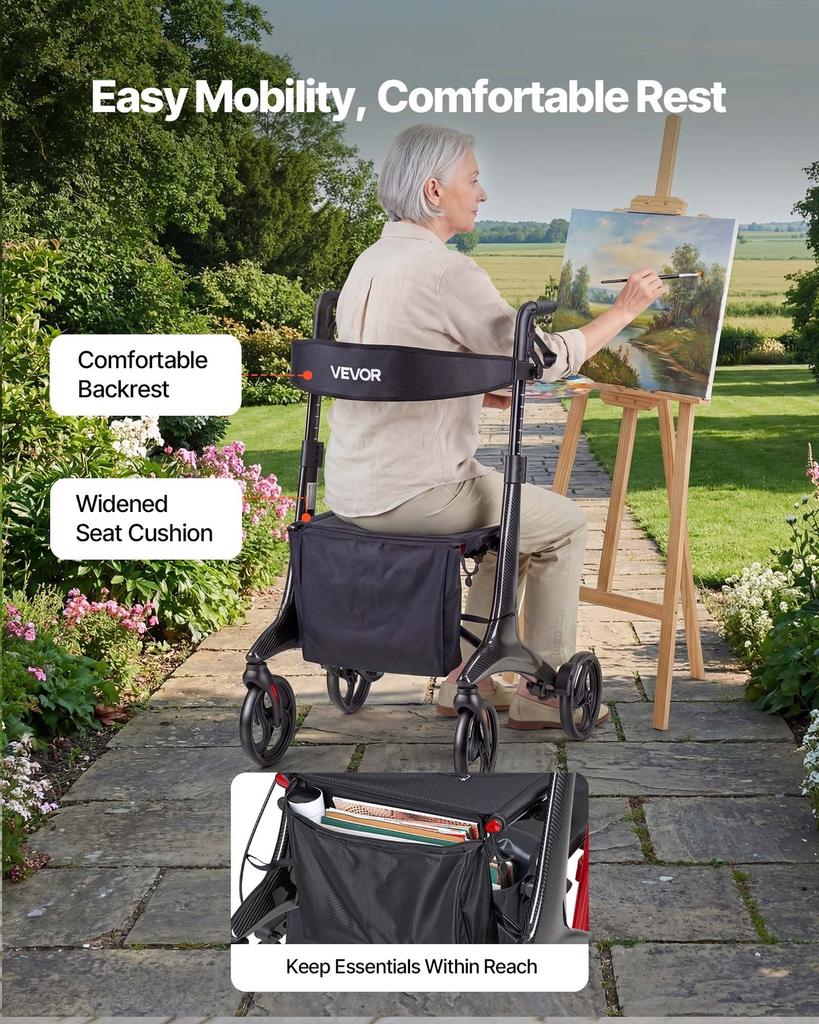 Rollator Walker with Seat for Seniors, Foldable Lightweight Rolling Walker, Carbon Fiber Mobility Walking Aid with 8" Solid PVC Wheels and Adjustable