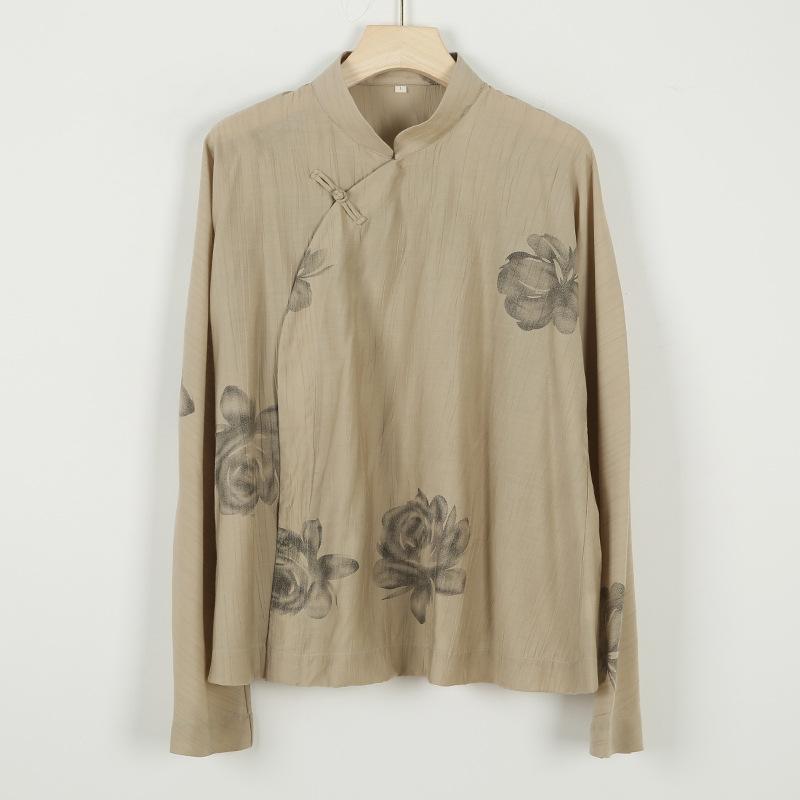 Johnature Women Vintage Stand Shirts Tops Long Sleeve Button Print Floral Blouses Spring Loose Casual Soft Shirts