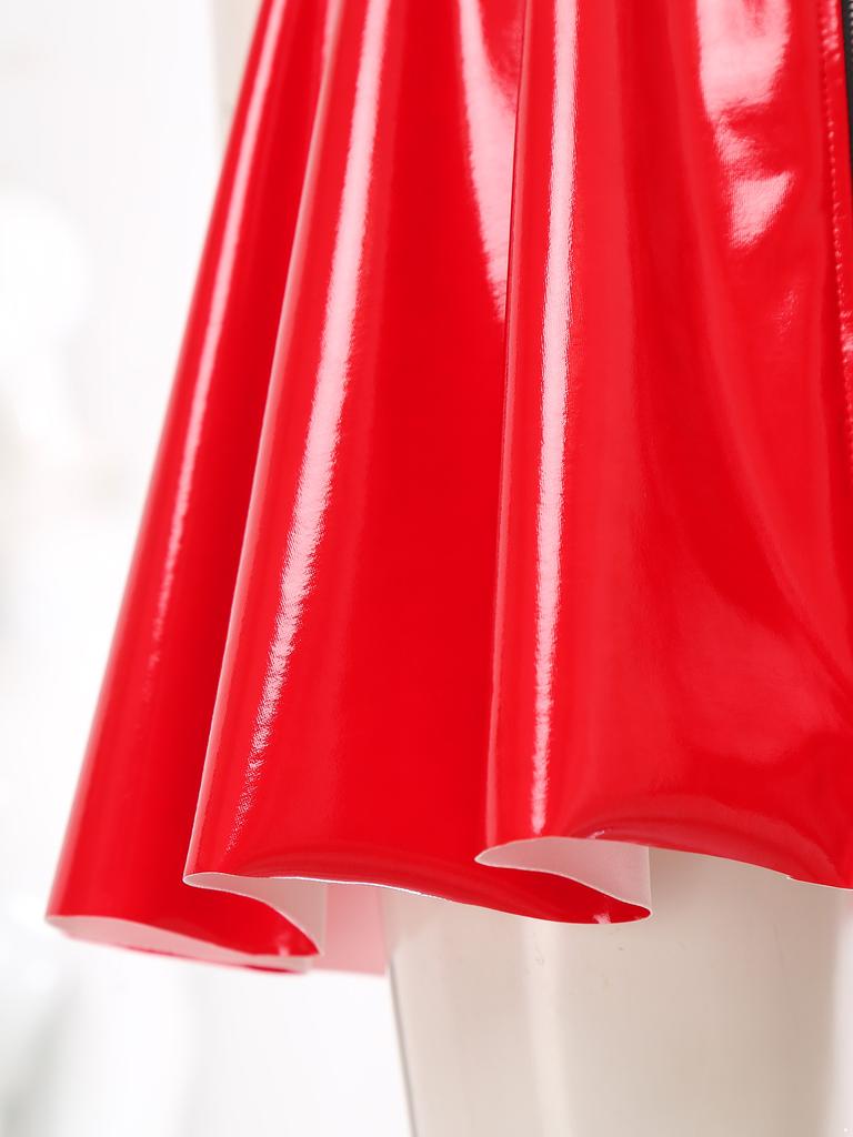 Mouwloze gothic punkjurk voor dames met lage halslijn, ritssluiting aan de voorkant, gekruiste A-lijn en glanzende wet-look, geschikt voor in de club.